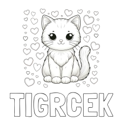 Online izdelana pobarvanka - Pobarvanka imena TIGRČEK in pobarvanka ljubke mucke obdane s srčki