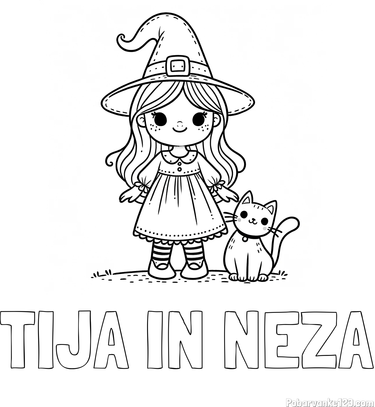 Pobarvanka imena TIJA IN NEŽA in Čudovita pobarvanka ljubke čarovnice in nasmejane mačke