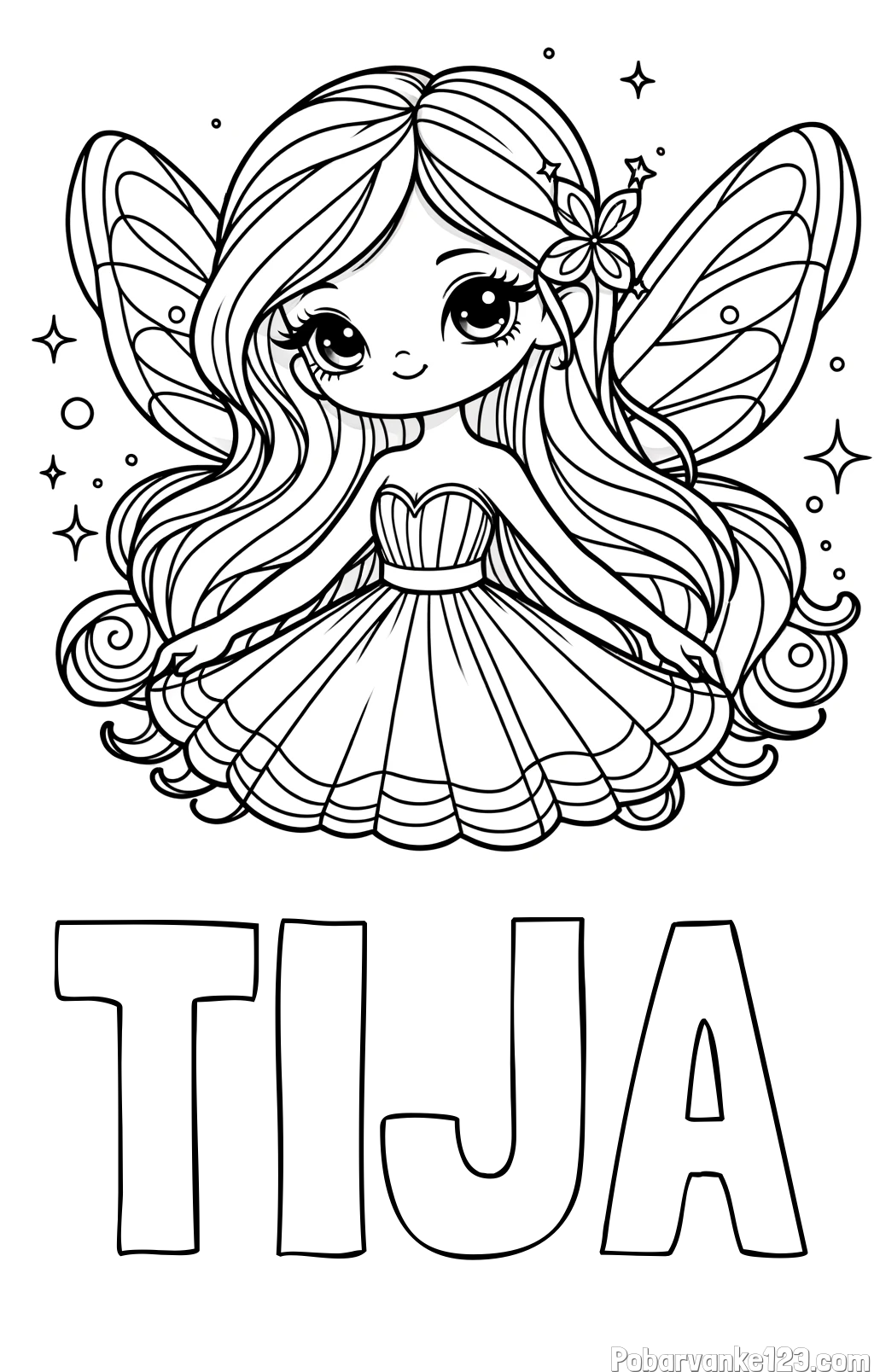 Pobarvanka imena TIJA in pobarvanka ljubke in nasmejane čarobne vile