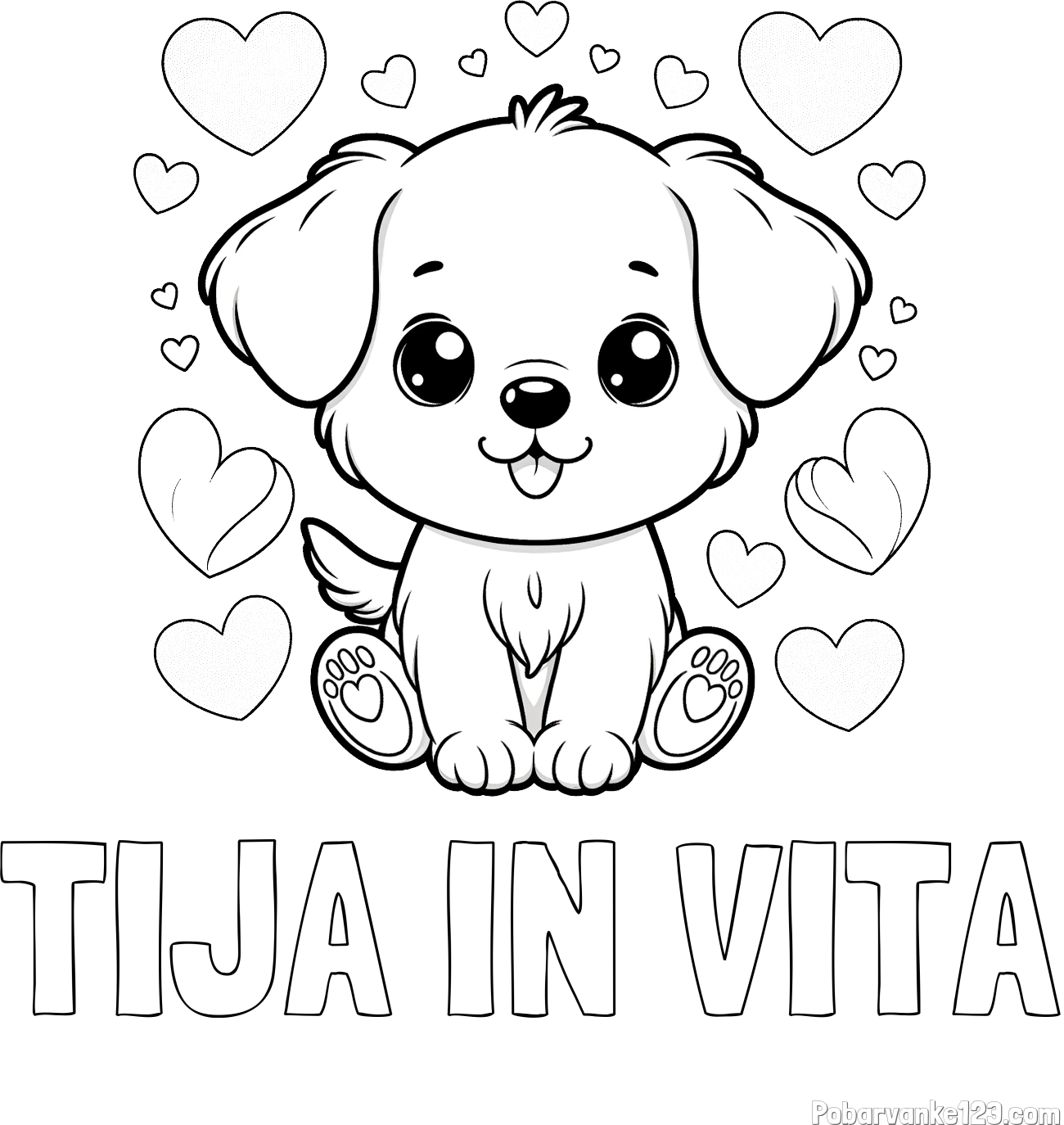 Pobarvanka imena TIJA IN VITA in pobarvanka ljubkega kužka obdanega s srčki