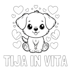 Online izdelana pobarvanka - Pobarvanka imena TIJA IN VITA in pobarvanka ljubkega kužka obdanega s srčki