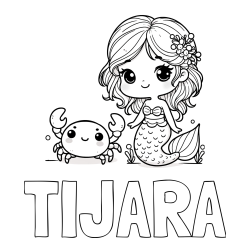 Pobarvanka imena TIJARA in pobarvanka ljubke morske deklice in veselega raka