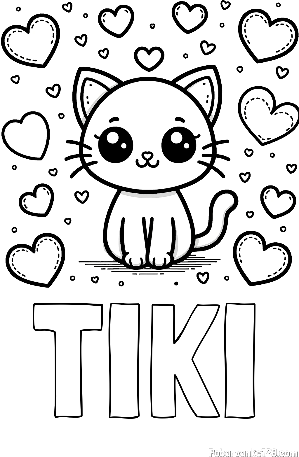 Pobarvanka imena TIKI in pobarvanka ljubke mucke obdane z veliko srčki