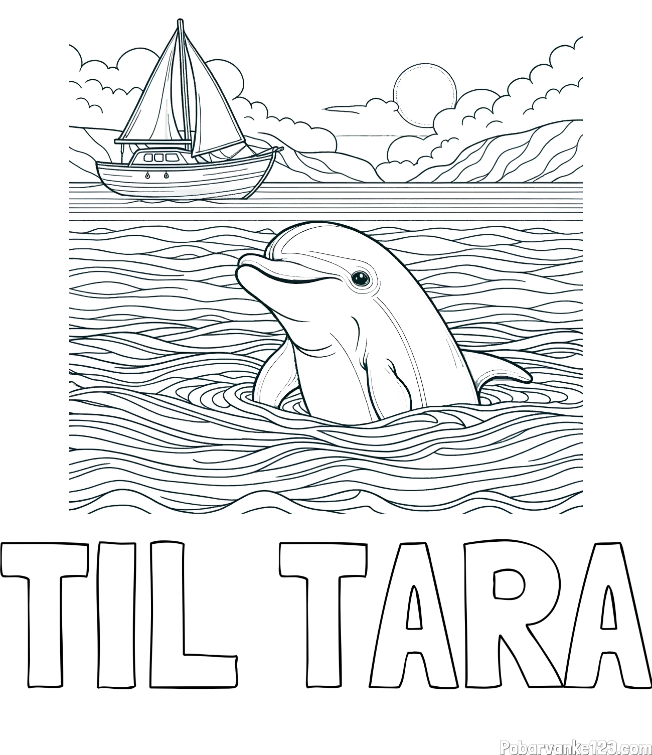 Pobarvanka imena TIL TARA in pobarvanka delfina v morju ter jadrnice