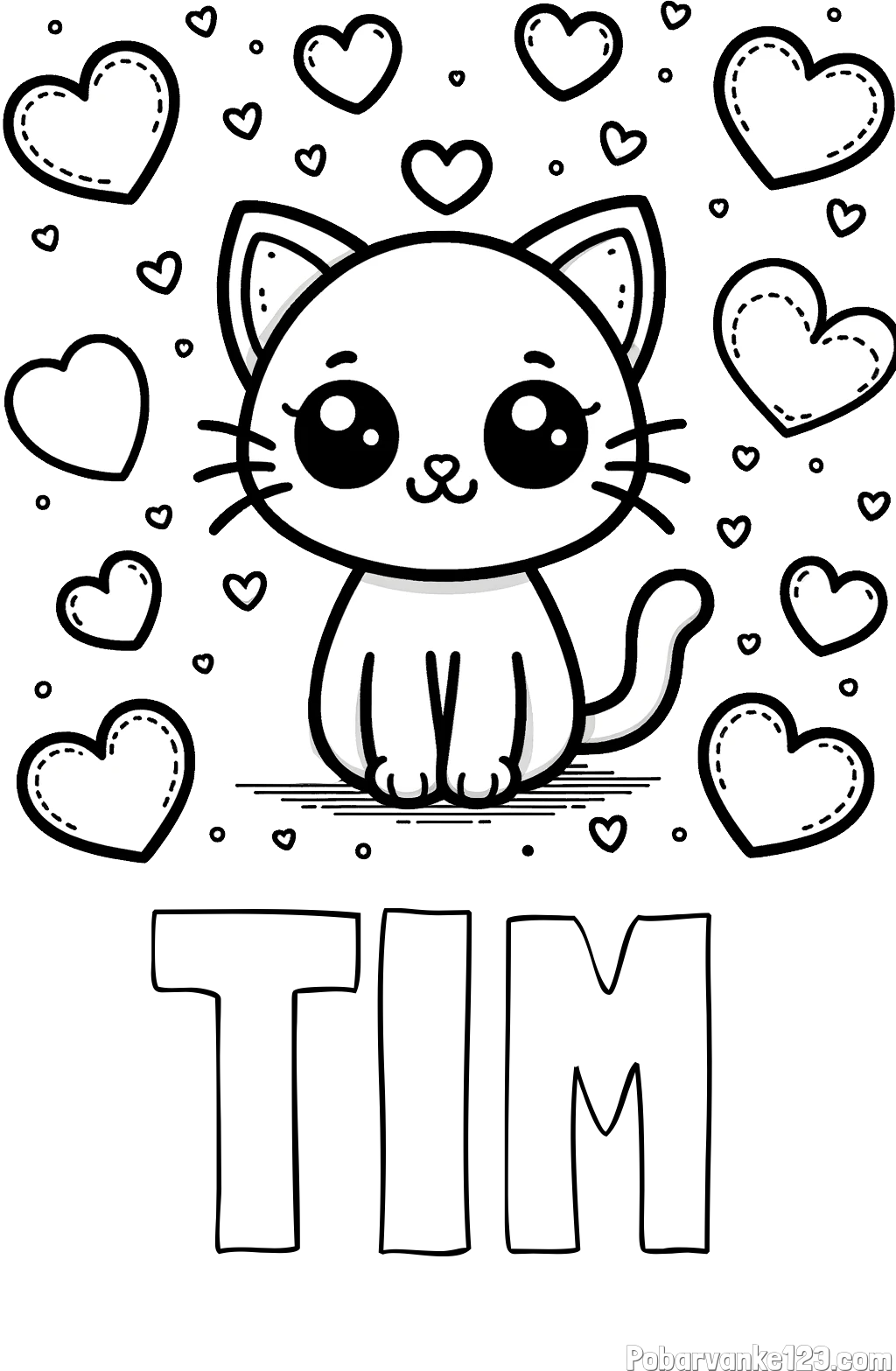Pobarvanka imena TIM in pobarvanka ljubke mucke obdane z veliko srčki