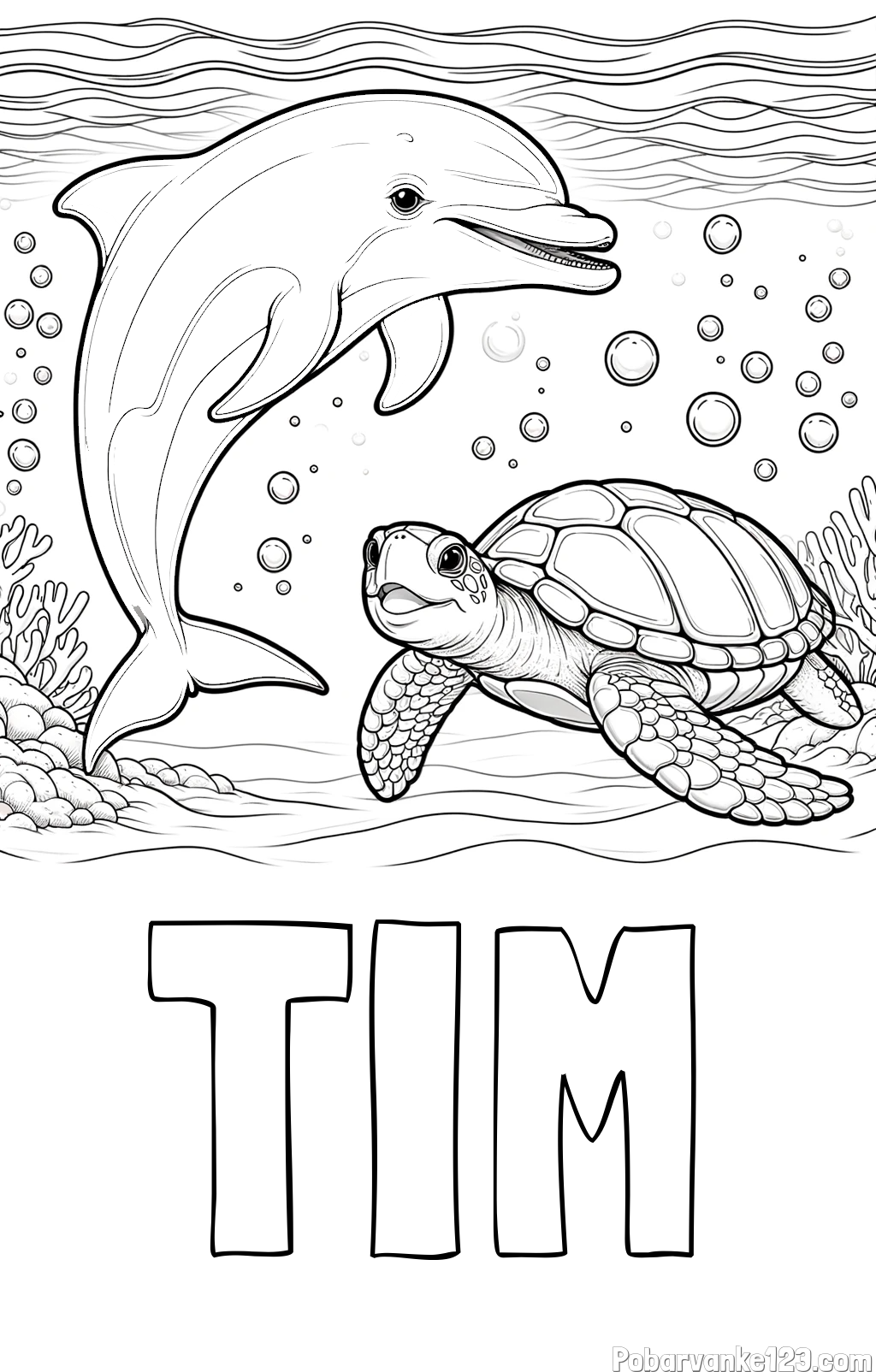 Pobarvanka imena TIM in pobarvanka ljubkega delfina in njegove prijateljice želve