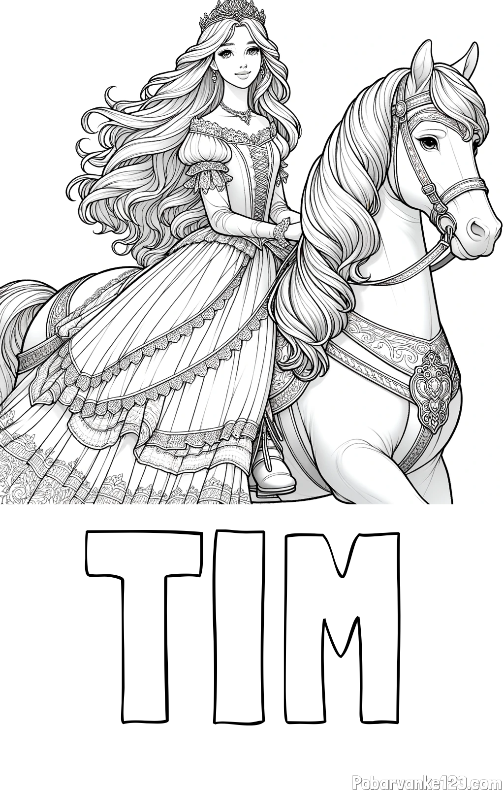 Pobarvanka imena TIM in pobarvanka nasmejana princese na konju