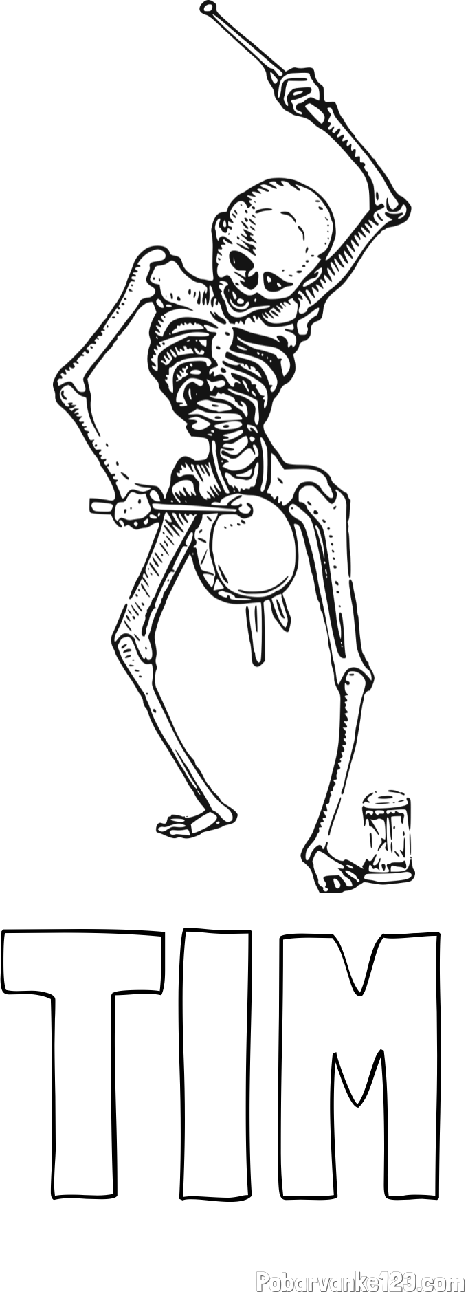 Pobarvanka imena TIM in pobarvanka okostnjaka, ki igra na boben
