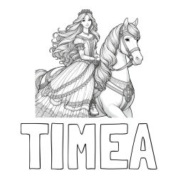 Online izdelana pobarvanka - Pobarvanka imena TIMEA in pobarvanka nasmejana princese na konju