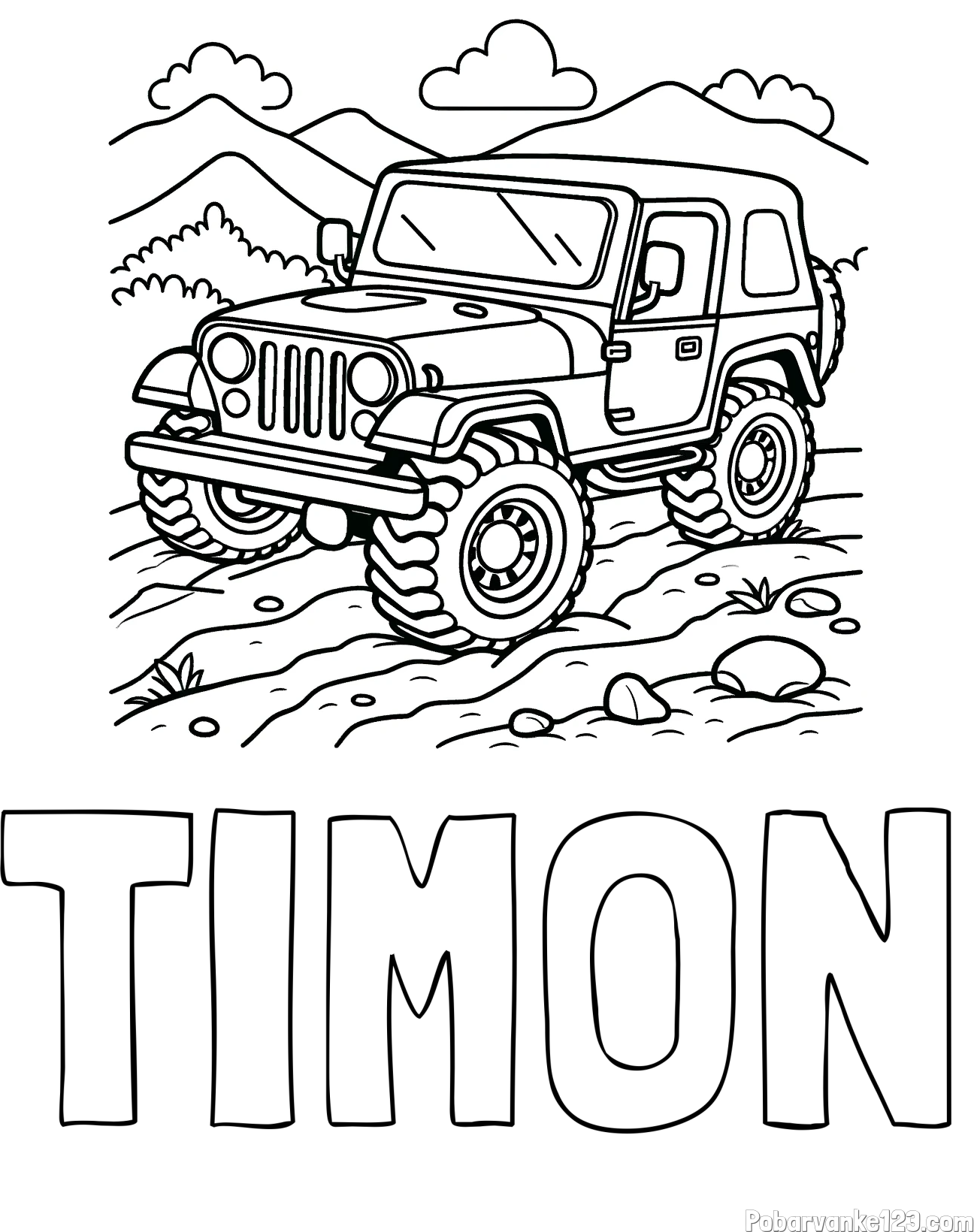Pobarvanka imena TIMON in pobarvanka džipa na terenu