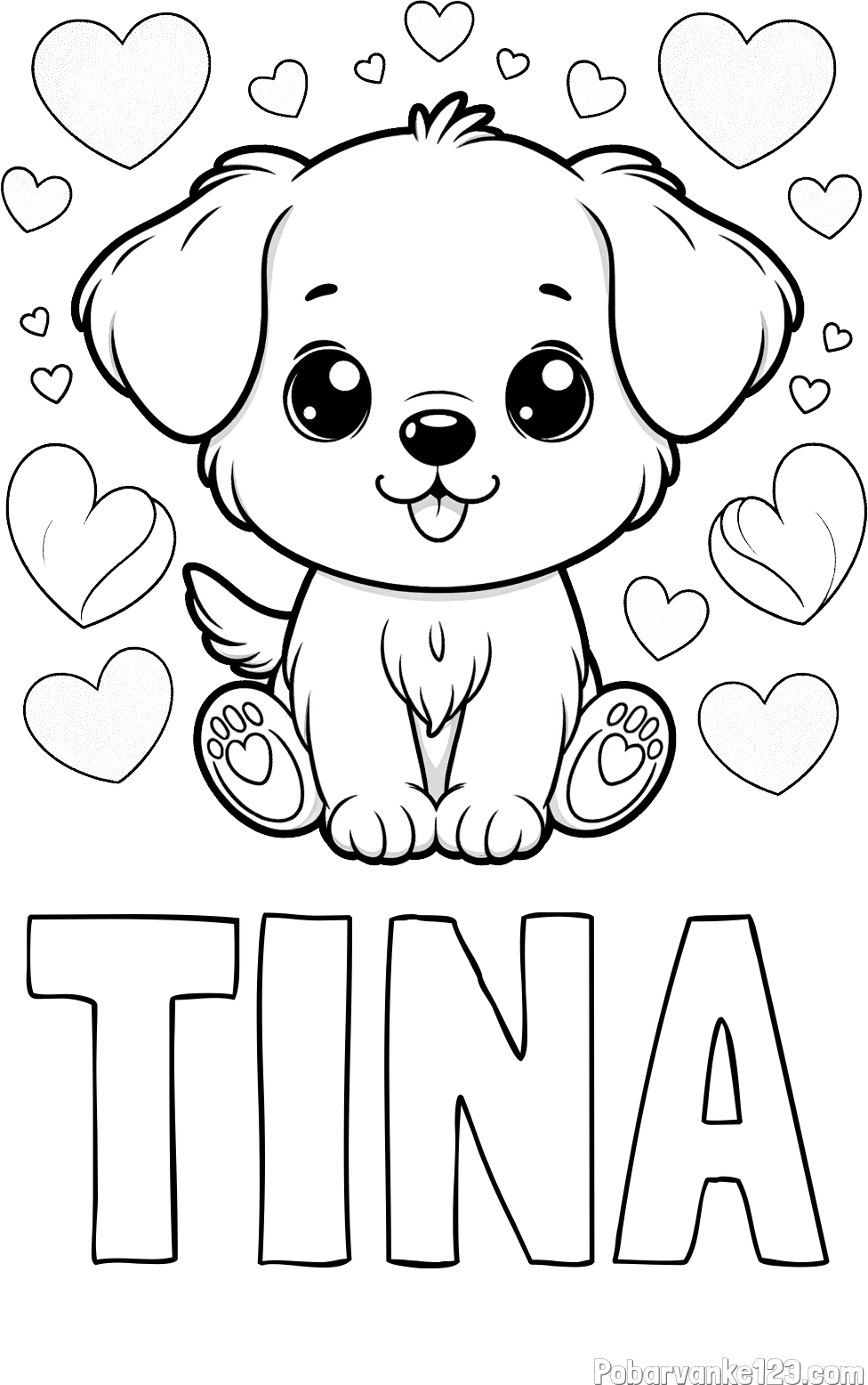 Pobarvanka imena TINA in pobarvanka ljubkega kužka obdanega s srčki