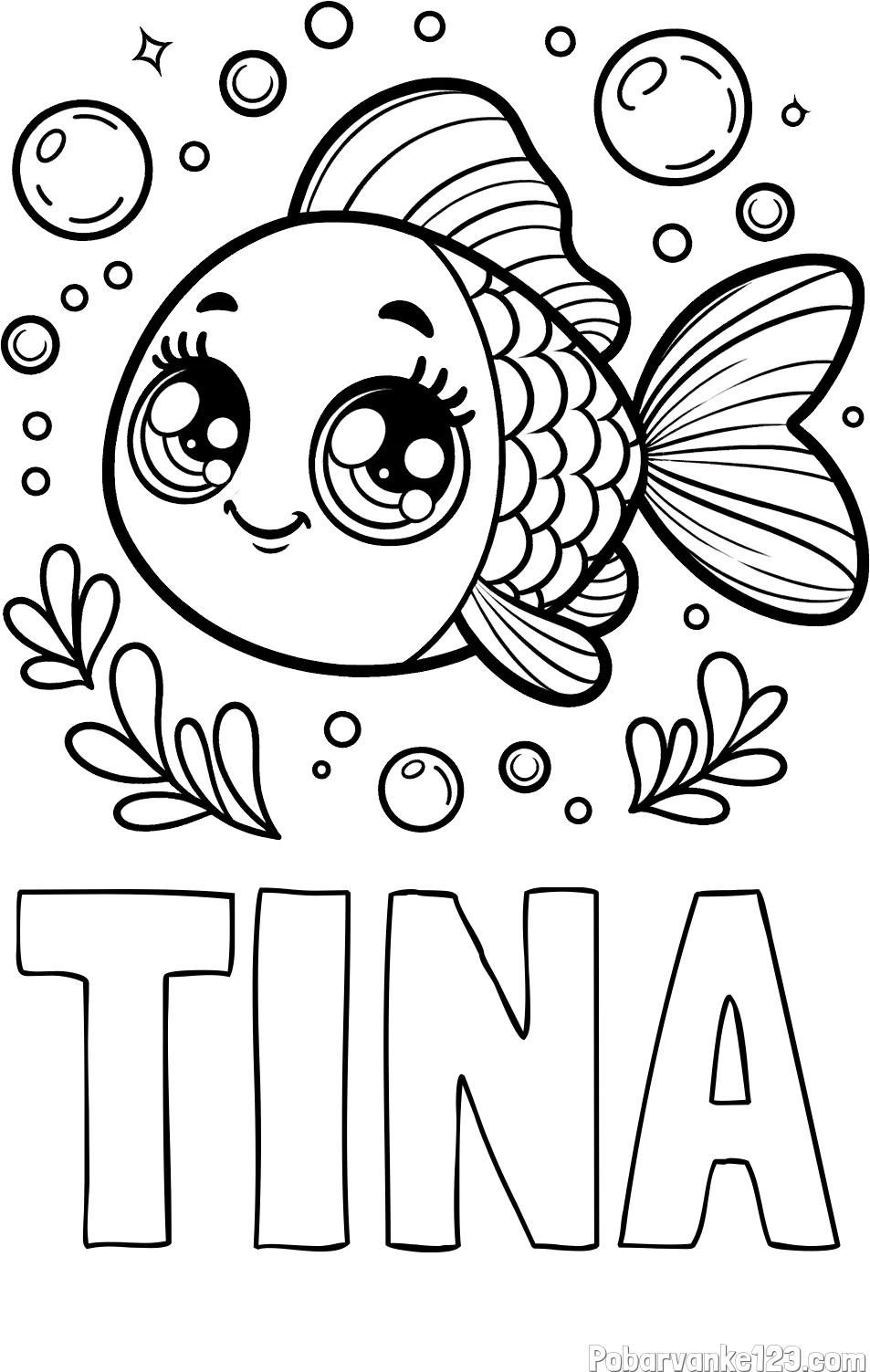 Pobarvanka imena TINA in pobarvanka prisrčne ribice