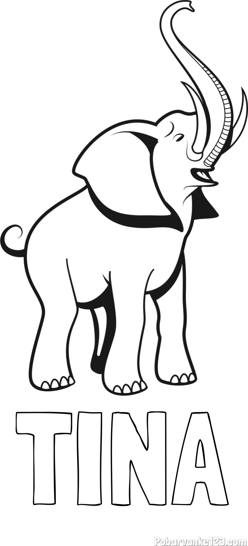 Pobarvanka imena TINA in pobarvanka slončka z rilcem dvignjenim visoko v zrak