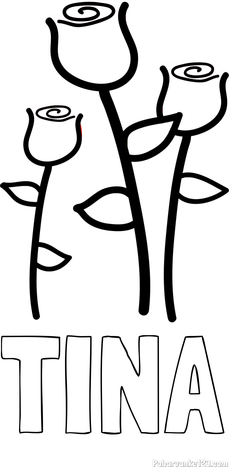 Pobarvanka imena TINA in pobarvanka treh vrtnic