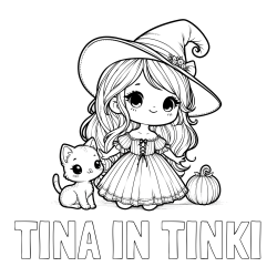 Online izdelana pobarvanka - Pobarvanka imena TINA IN TINKI in pobarvanka ljubke čarovnice, muce in buče
