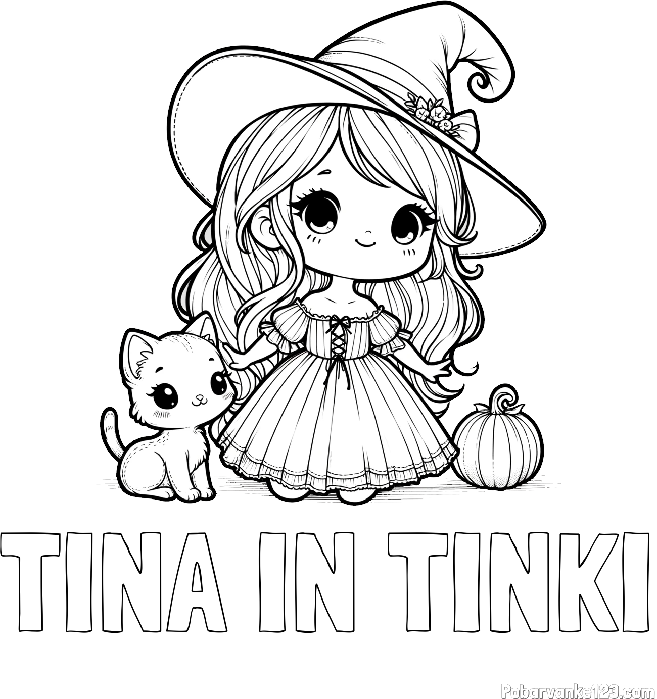 Pobarvanka imena TINA IN TINKI in pobarvanka ljubke čarovnice, muce in buče