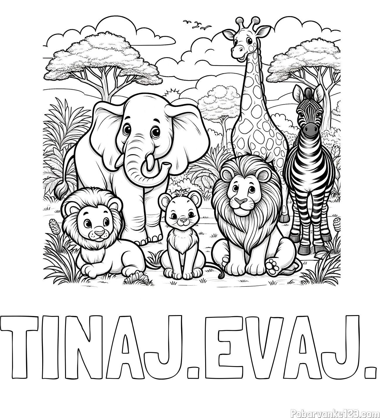 Pobarvanka imena TINAJ.EVAJ. in pobarvanka ljubkih živali