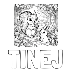 Online izdelana pobarvanka - Pobarvanka imena TINEJ in pobarvanka veveričke in zajčka v gozdu