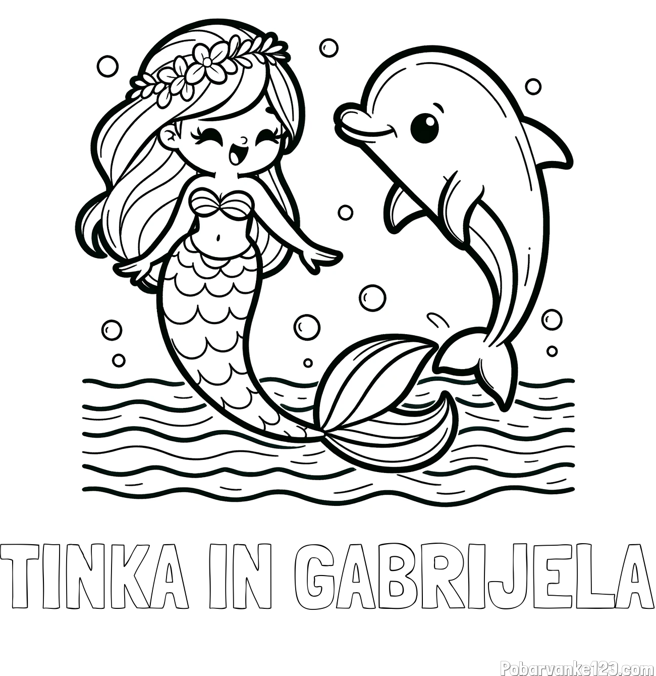 Pobarvanka imena TINKA IN GABRIJELA in pobarvanka ljubke morske deklice, ki pleše z delfinom