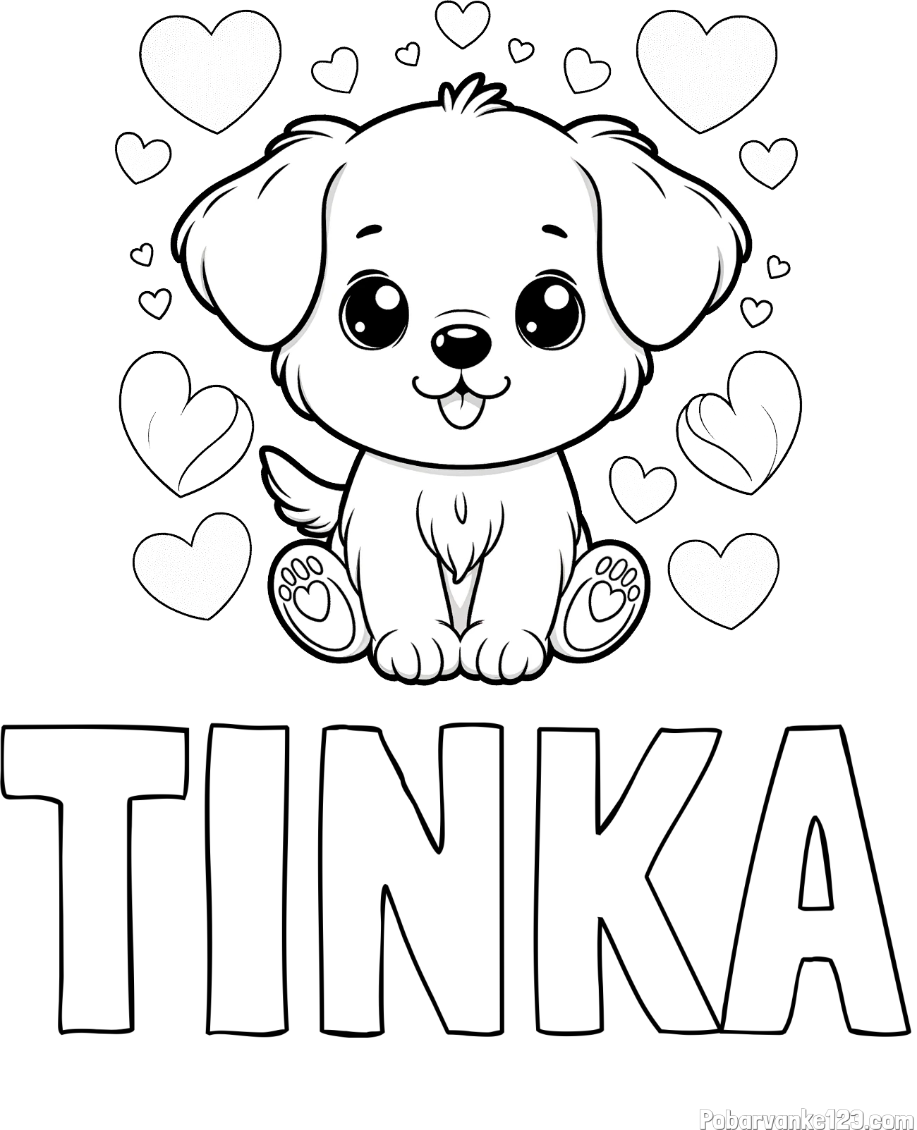Pobarvanka imena TINKA in pobarvanka ljubkega kužka obdanega s srčki