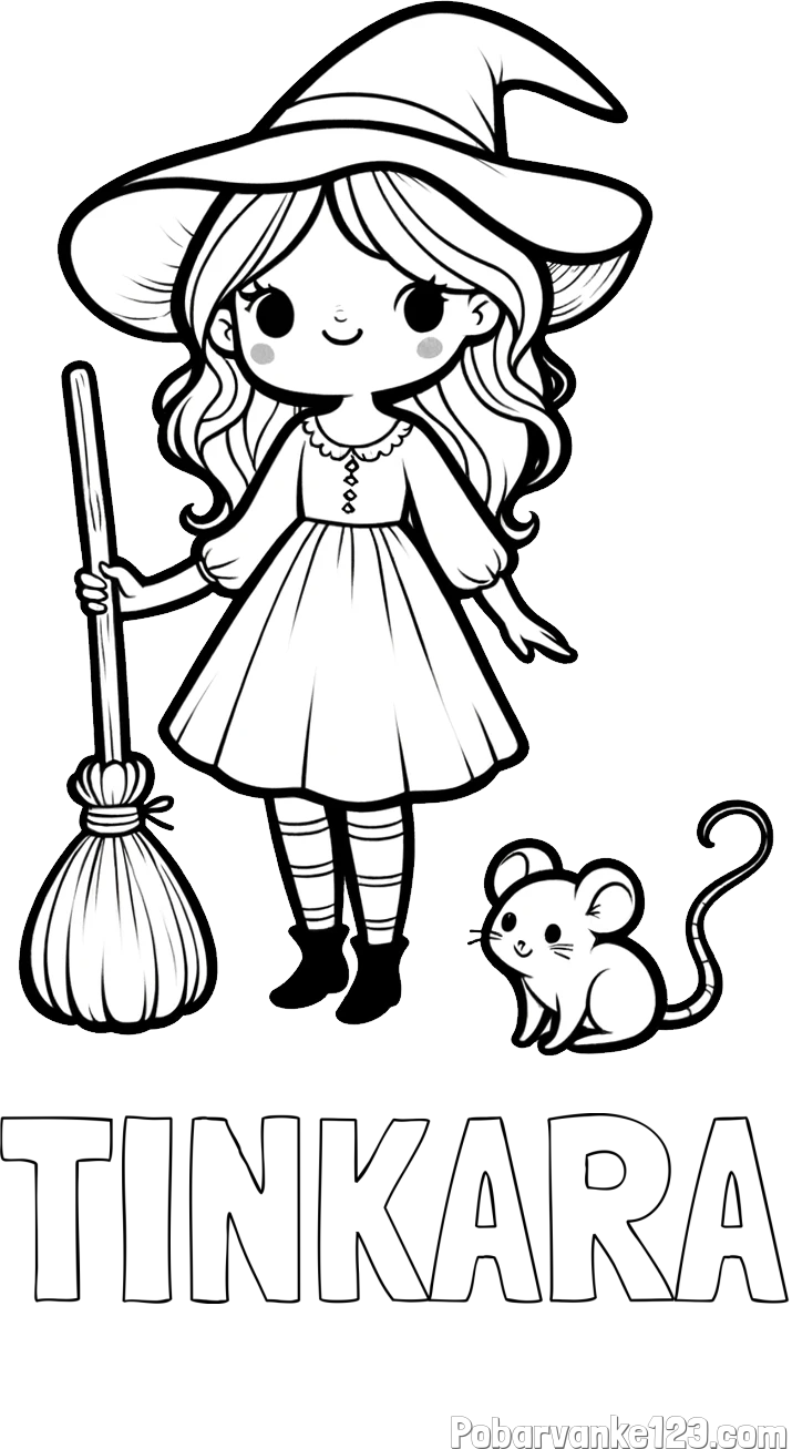 Pobarvanka imena TINKARA in pobarvanka čarovnice z metlo in miško