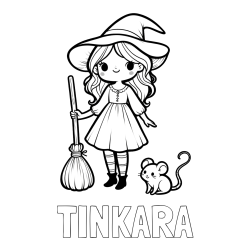 Pobarvanka imena TINKARA in pobarvanka čarovnice z metlo in miško
