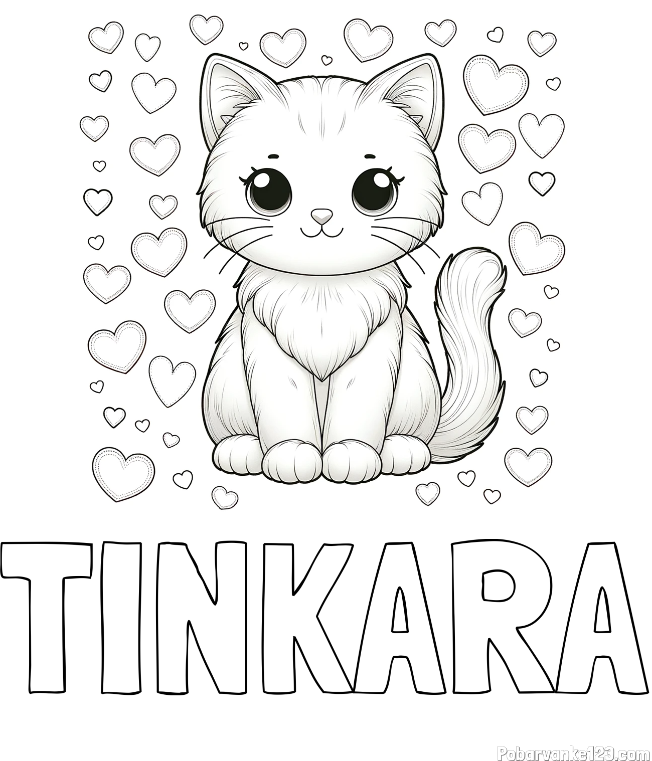 Pobarvanka imena TINKARA in pobarvanka ljubke mucke obdane s srčki
