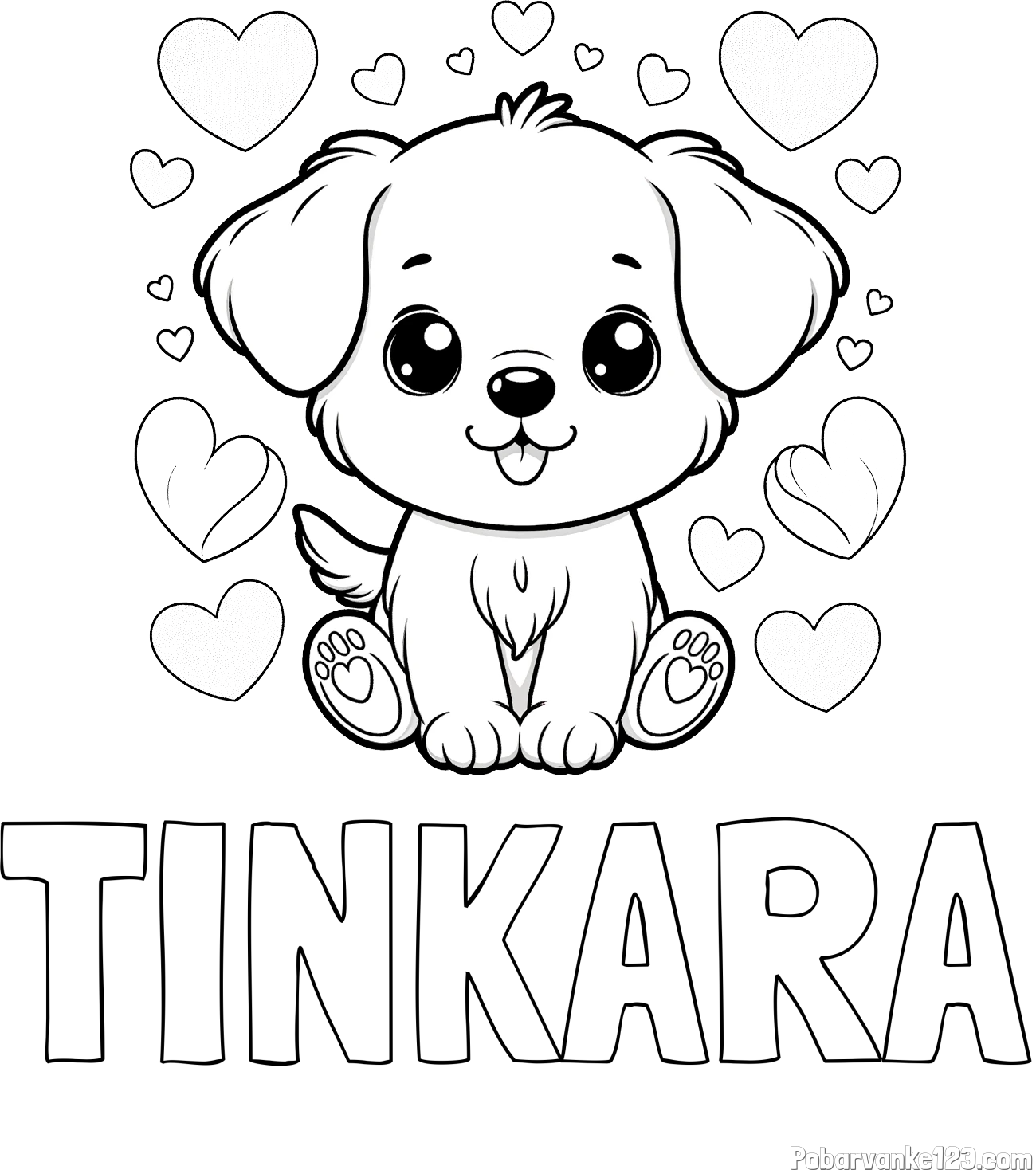 Pobarvanka imena TINKARA in pobarvanka ljubkega kužka obdanega s srčki