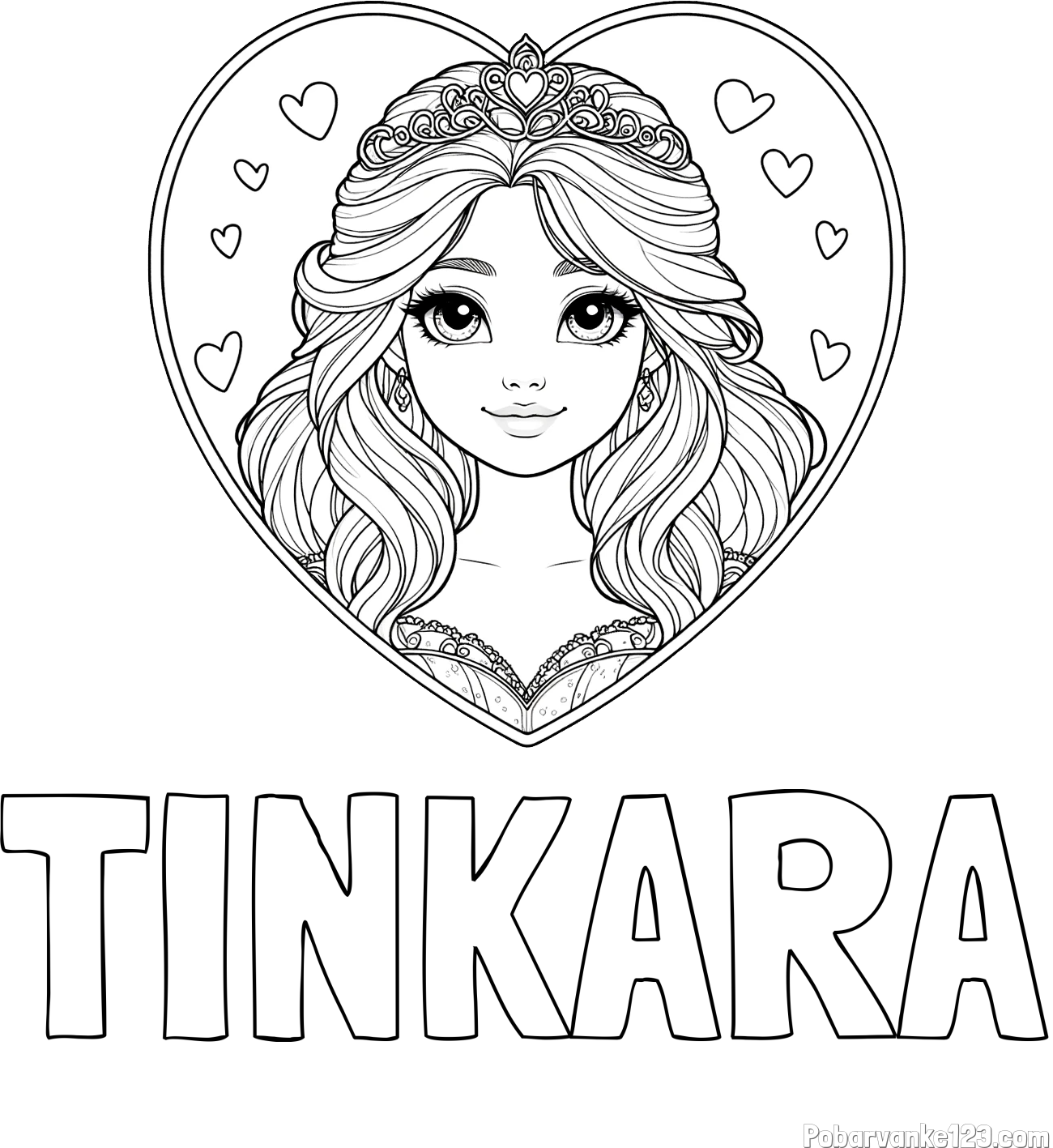 Pobarvanka imena TINKARA in pobarvanka princeske ter srčkov