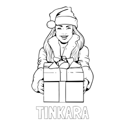 Pobarvanka imena TINKARA in pobarvanka ženske oblečene v Božička z darilom