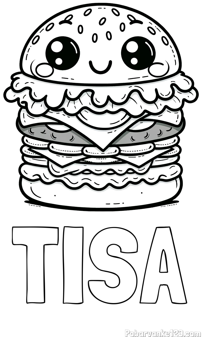 Pobarvanka imena TISA in otroška pobarvanka nasmejanega hamburgerja