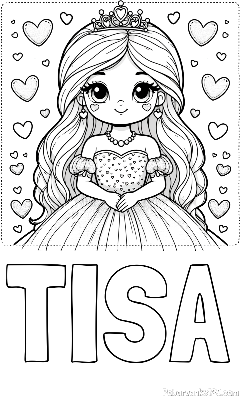 Pobarvanka imena TISA in pobarvanka ljubke princese obdane s srčki