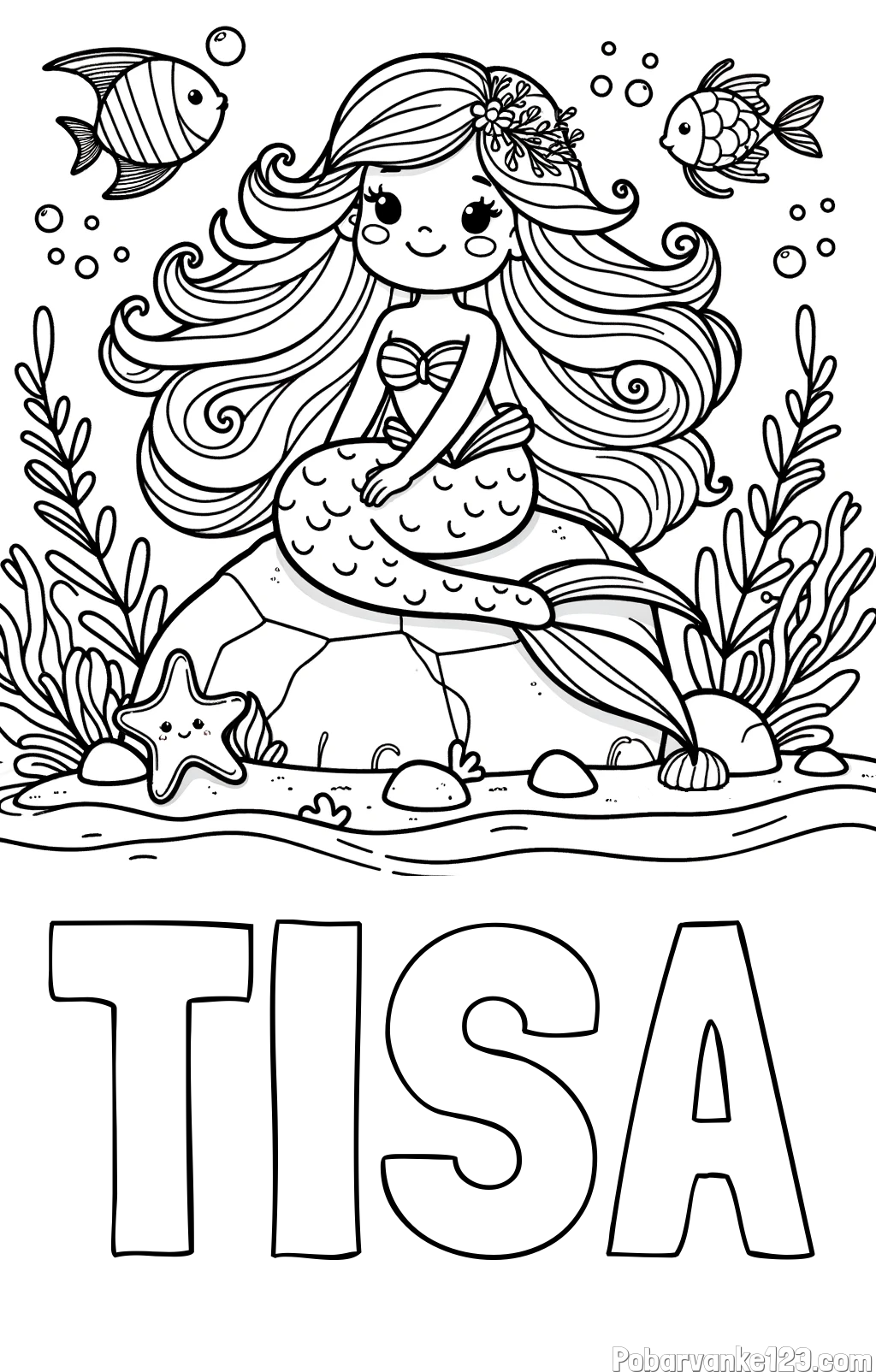 Pobarvanka imena TISA in pobarvanka prikupne male morske deklice