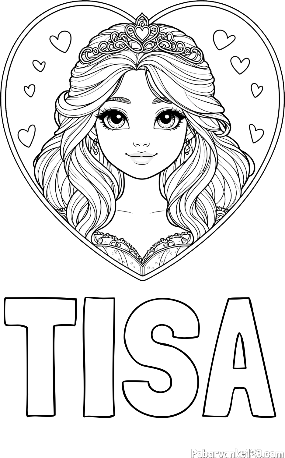 Pobarvanka imena TISA in pobarvanka princeske ter srčkov