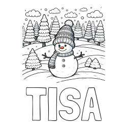 Pobarvanka imena TISA in pobarvanka snežaka v naravi obdanega z zasneženimi smrekami