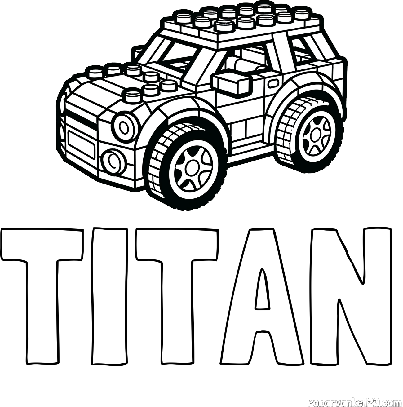 Pobarvanka imena TITAN in pobarvanka avtomobila sestavljenega iz LEGO kock