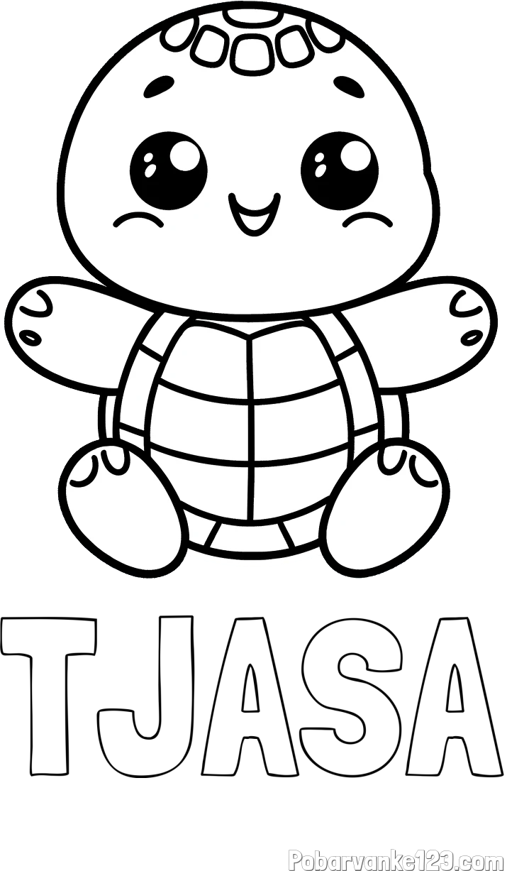 Pobarvanka imena TJAŠA in otroška pobarvanka ljubke in nasmejane želvice