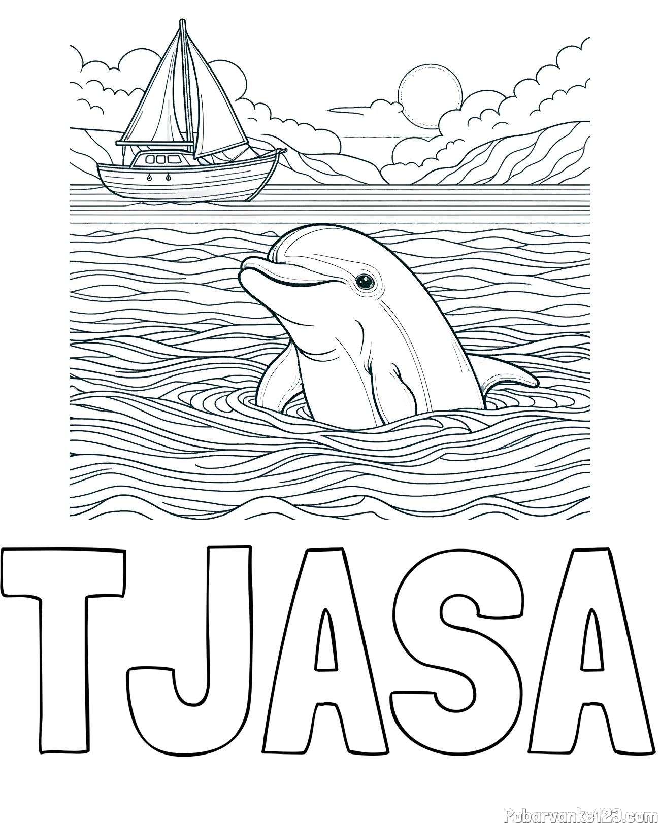 Pobarvanka imena TJAŠA in pobarvanka delfina v morju ter jadrnice