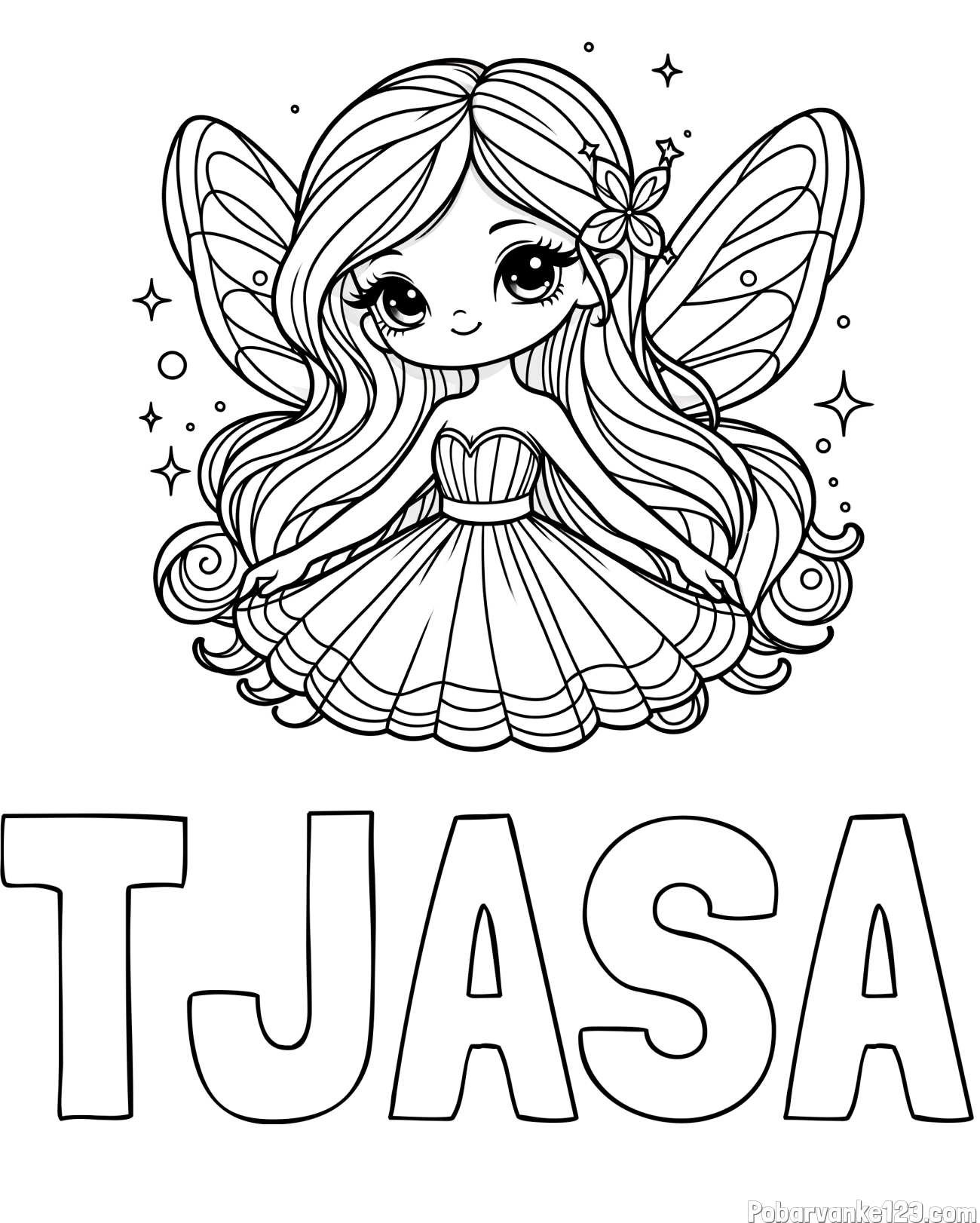 Pobarvanka imena TJAŠA in pobarvanka ljubke in nasmejane čarobne vile