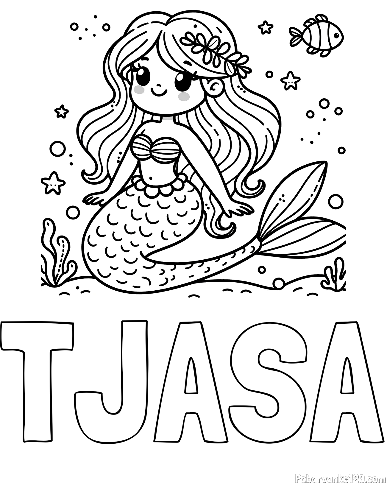 Pobarvanka imena TJAŠA in pobarvanka ljubke morske deklice v morju