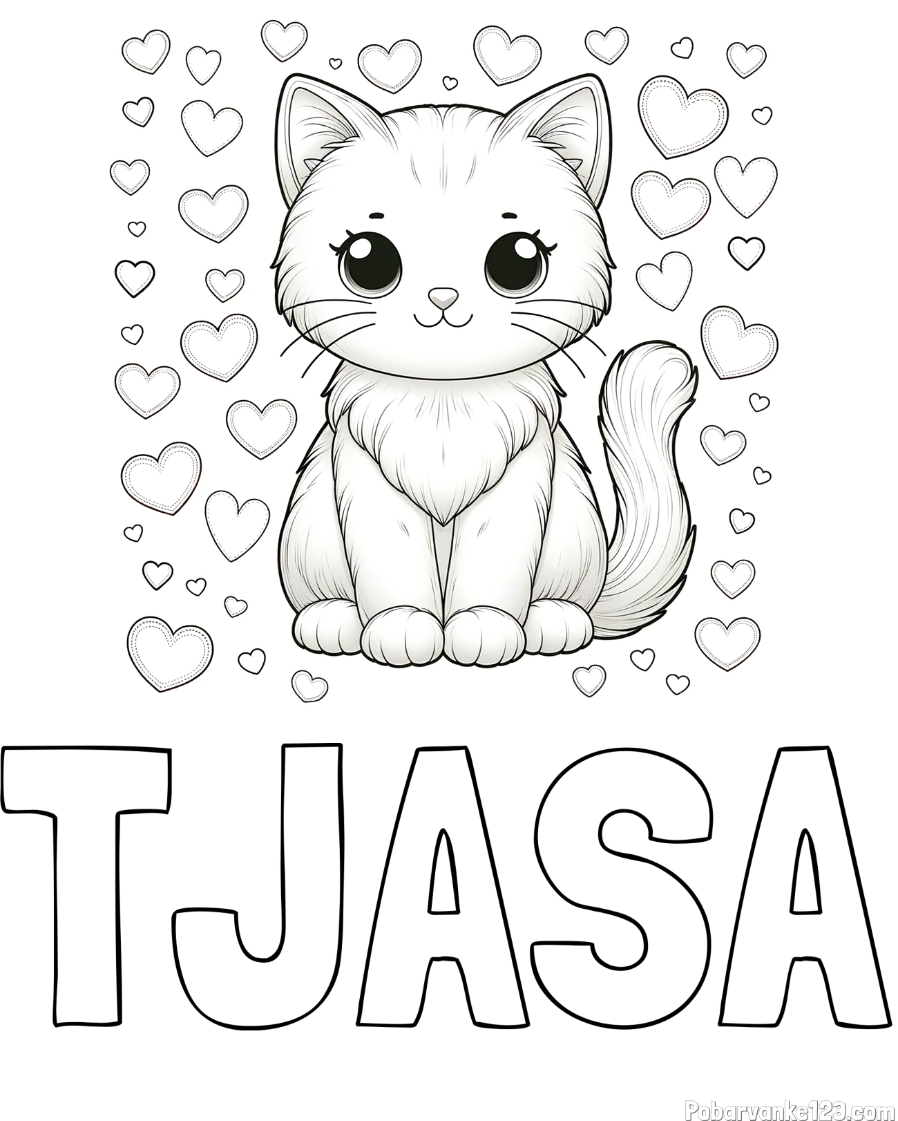Pobarvanka imena TJAŠA in pobarvanka ljubke mucke obdane s srčki
