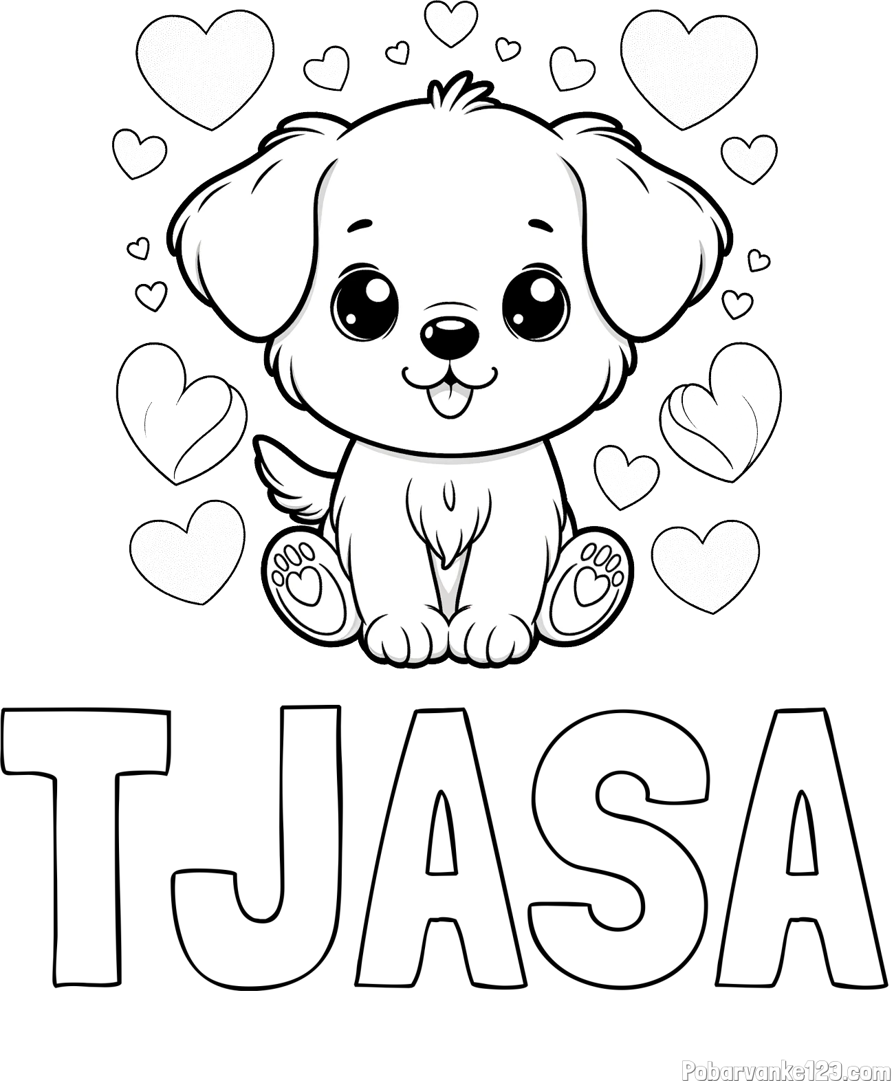 Pobarvanka imena TJAŠA in pobarvanka ljubkega kužka obdanega s srčki