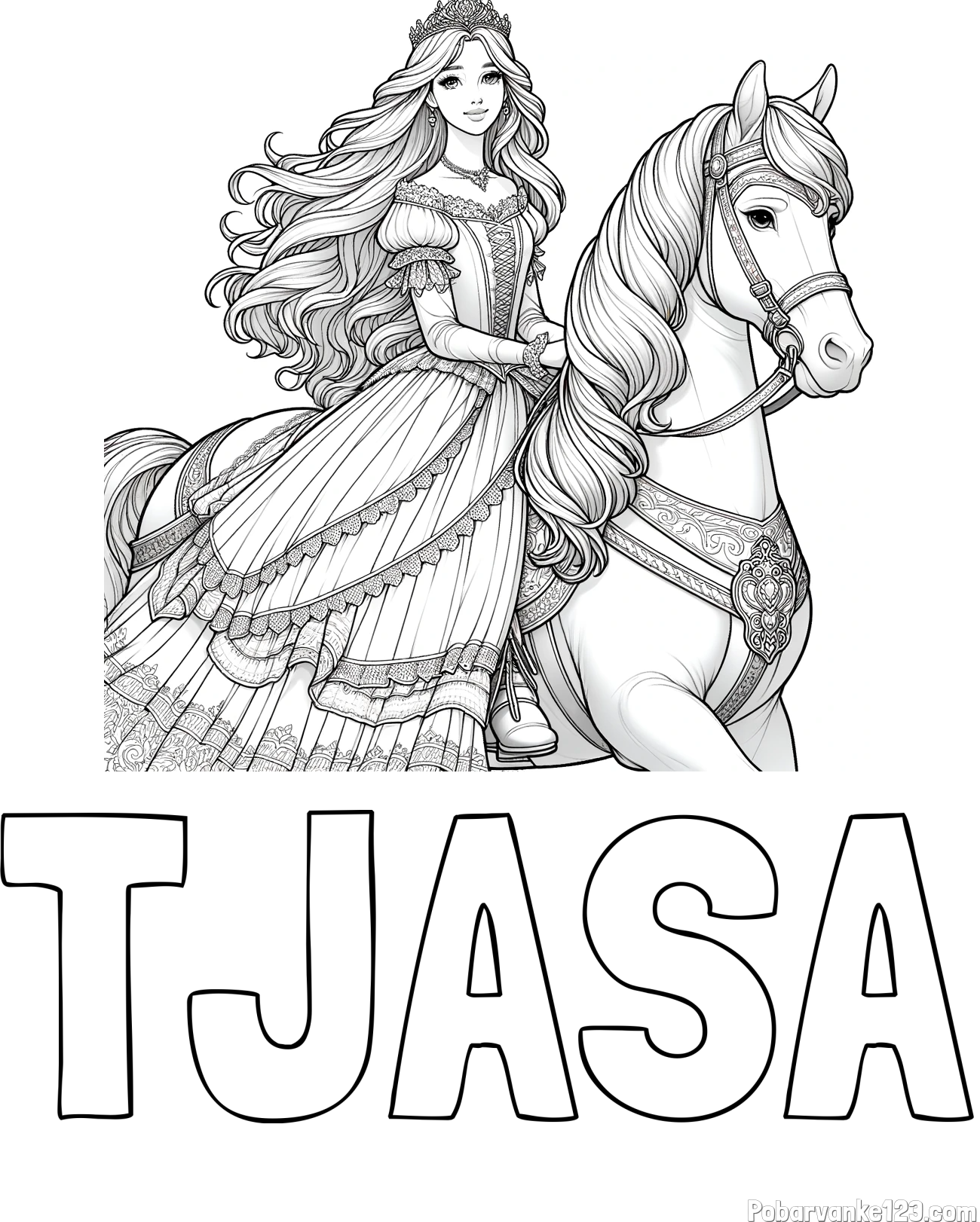 Pobarvanka imena TJAŠA in pobarvanka nasmejana princese na konju