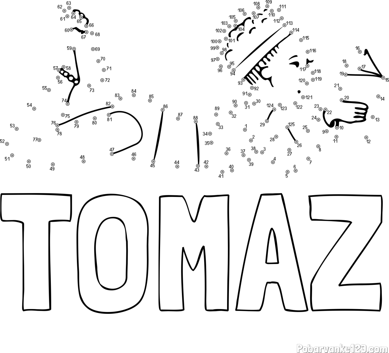 Pobarvanka imena TOMAŽ in pobarvanka deklice - poveži številke od pike do pike