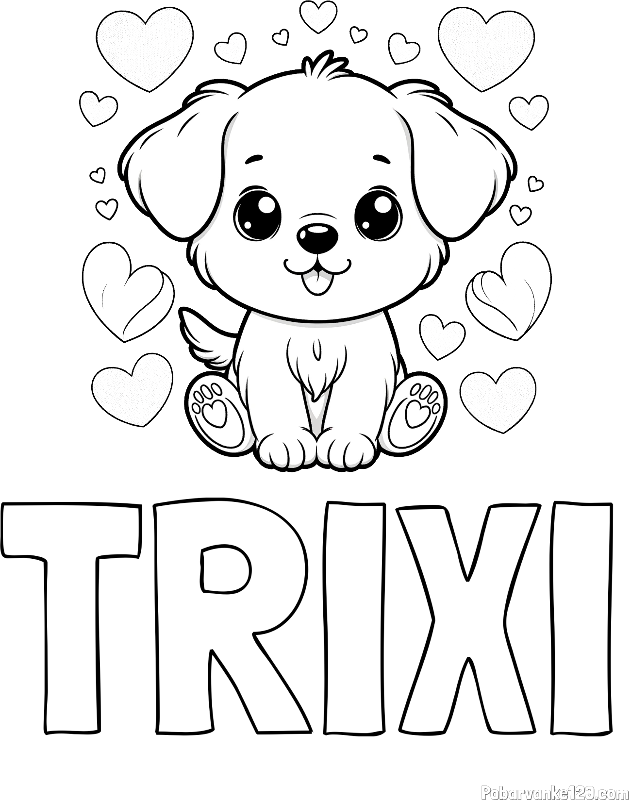 Pobarvanka imena TRIXI in pobarvanka ljubkega kužka obdanega s srčki