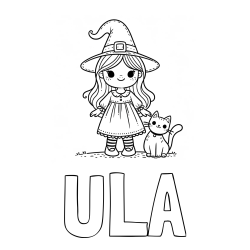 Pobarvanka imena ULA in čudovita pobarvanka ljubke čarovnice in nasmejane mačke
