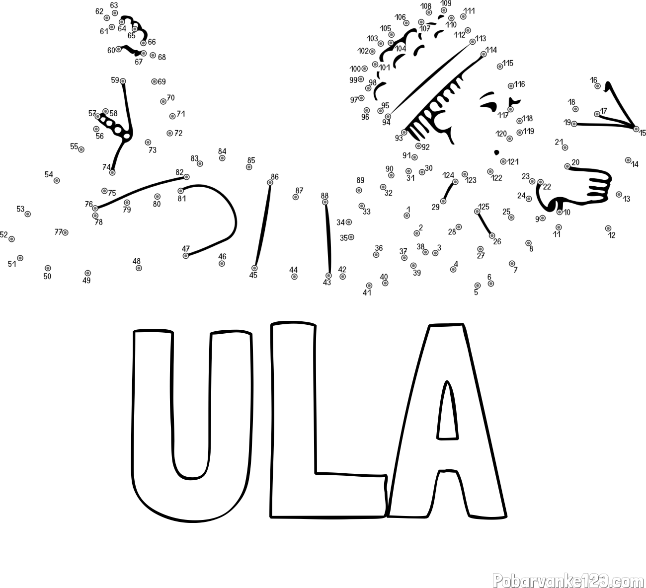 Pobarvanka imena ULA in pobarvanka deklice - poveži številke od pike do pike