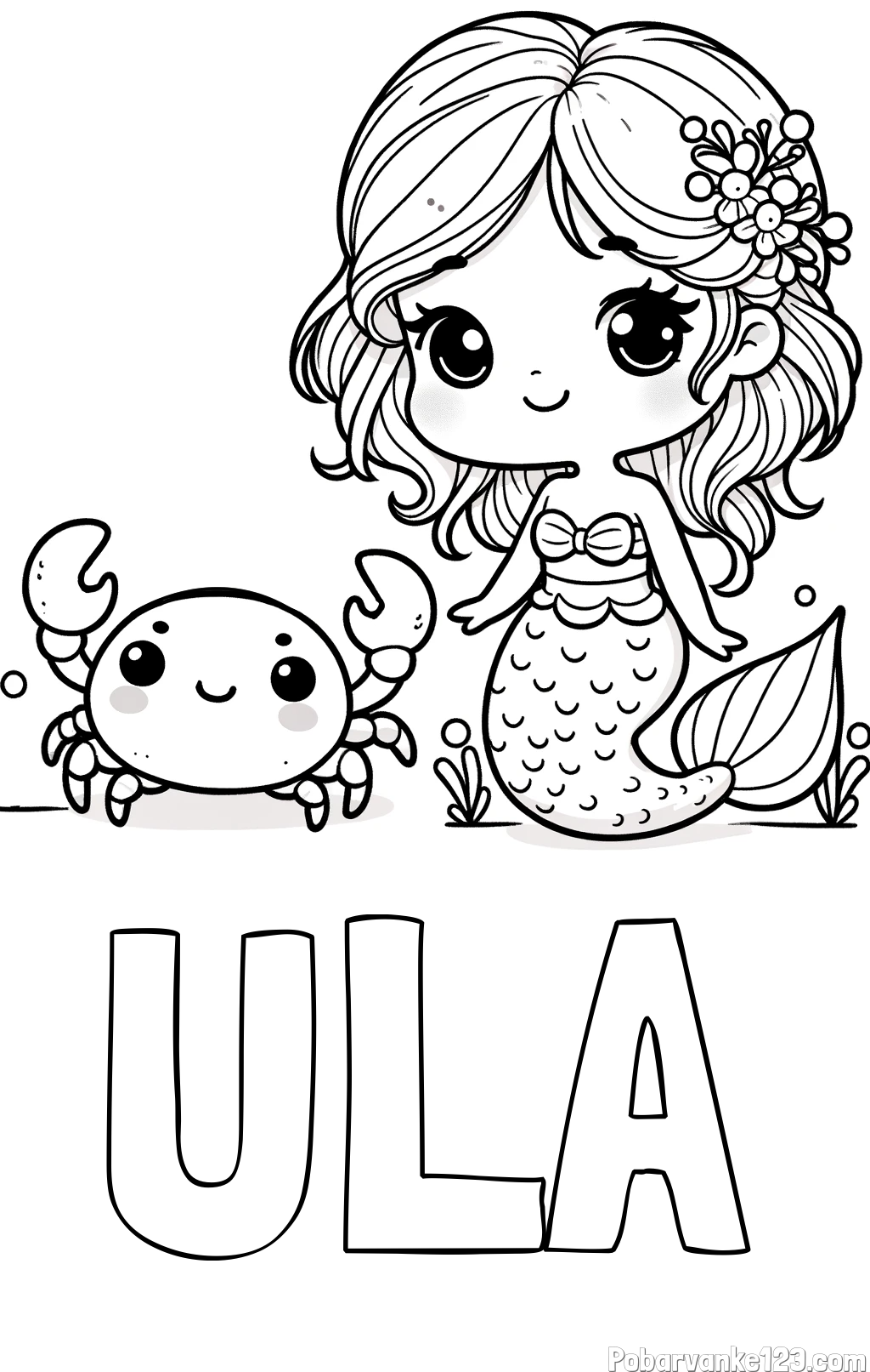 Pobarvanka imena ULA in pobarvanka ljubke morske deklice in veselega raka