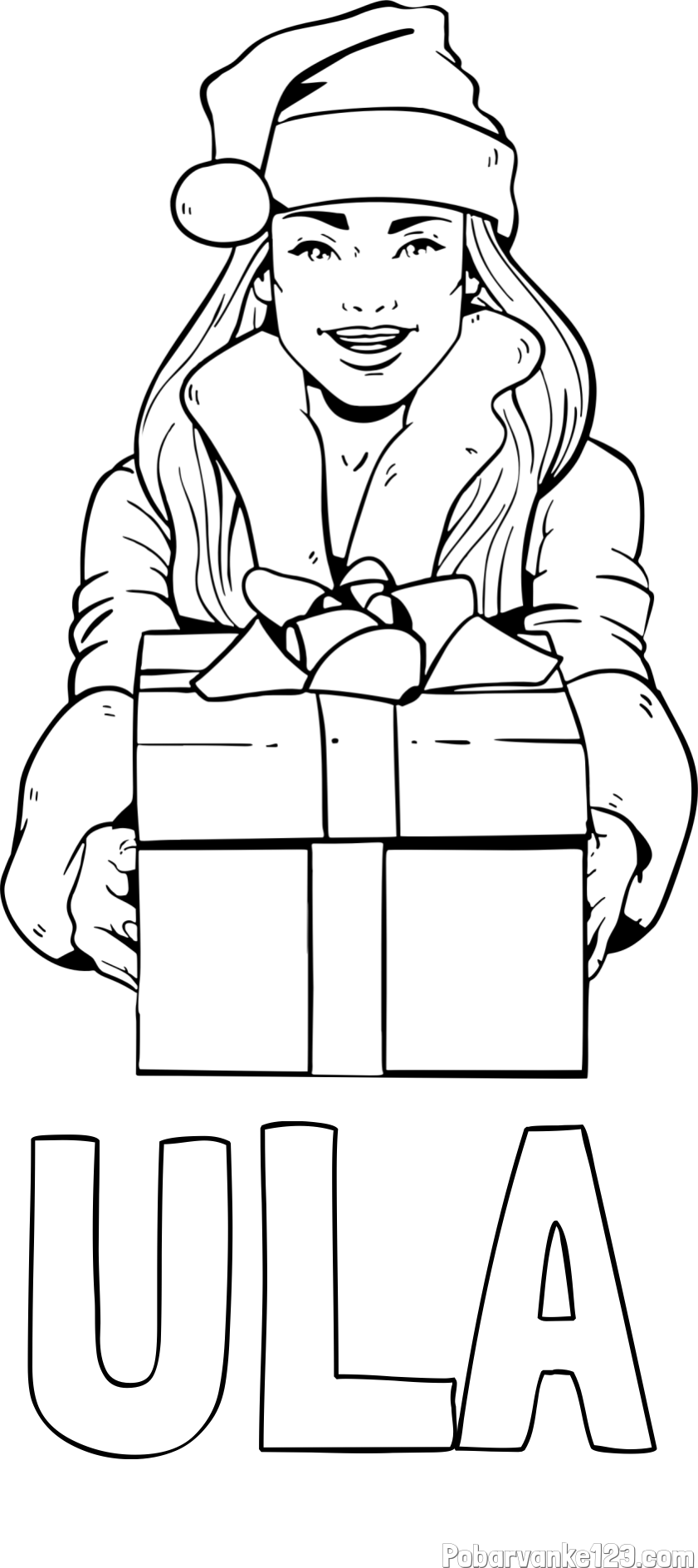 Pobarvanka imena ULA in pobarvanka ženske oblečene v Božička z darilom