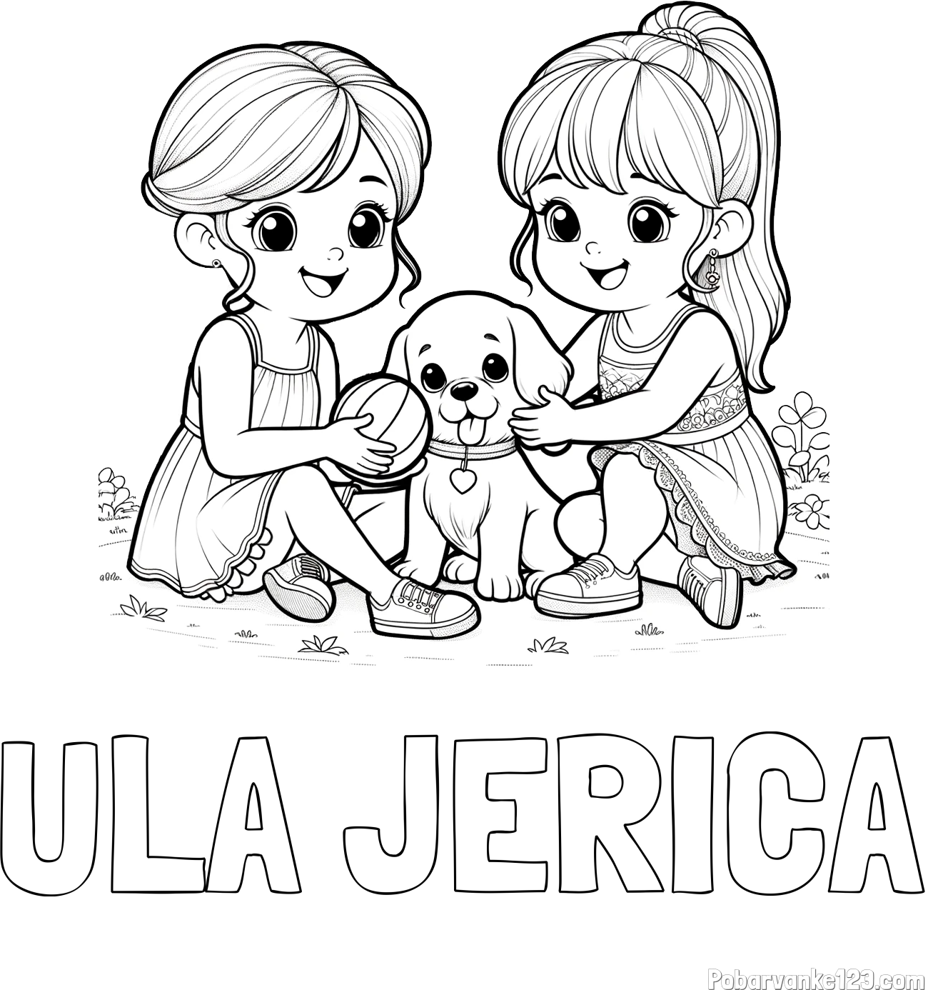 Pobarvanka imena ULA JERICA in pobarvanka prijateljic s kužkom